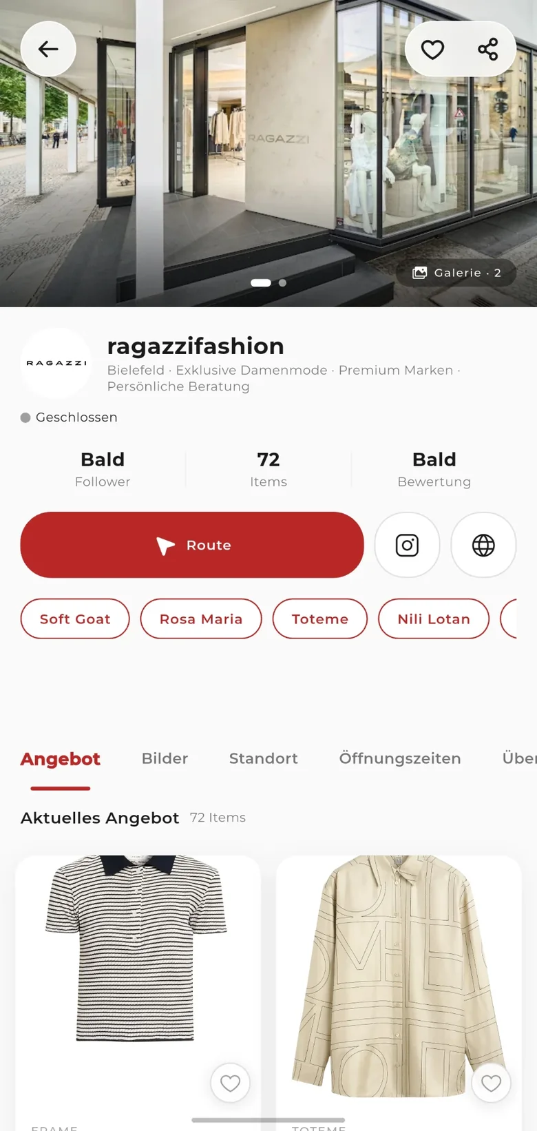 Die Store-Seite von Ragazzi mit Sortiment in der App